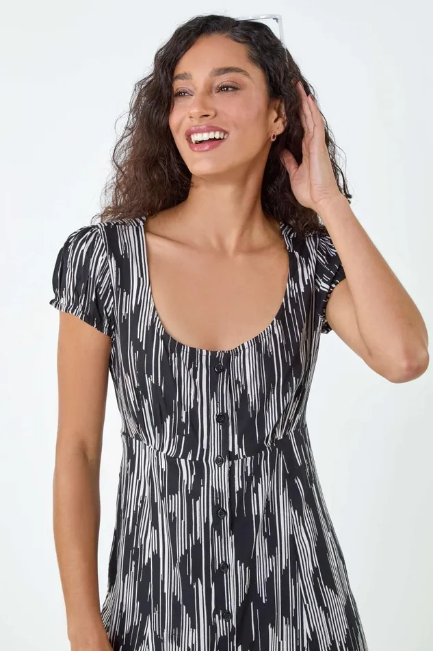Black Abstract Print Button Through Dress Women Roman Dresses