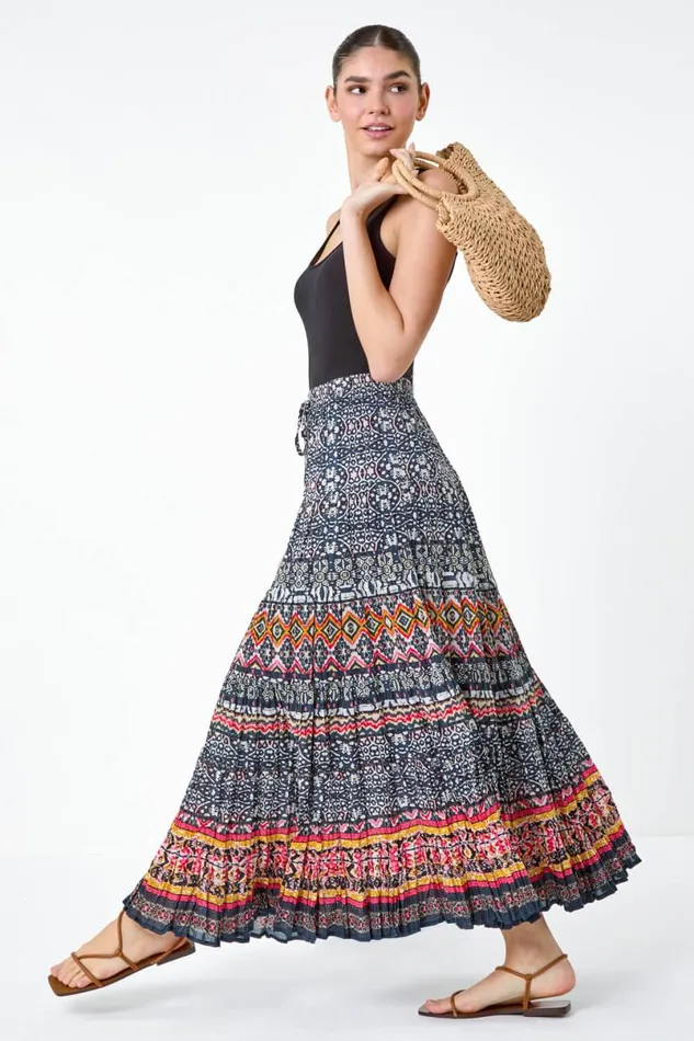 Black Aztec Crinkle Cotton Tiered Maxi Skirt Women Roman Skirts
