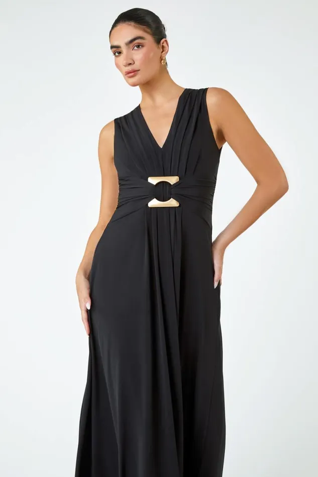 Black Buckle Detail Maxi Stretch Dress Women Roman Dresses