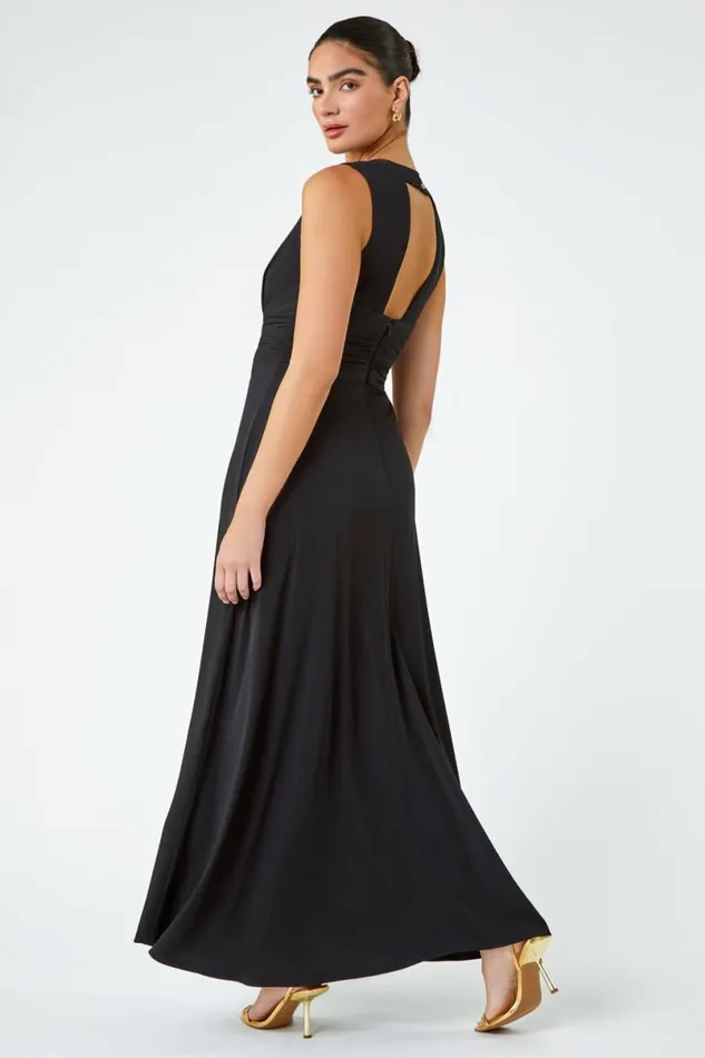Black Buckle Detail Maxi Stretch Dress Women Roman Dresses
