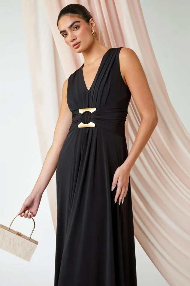 Black Buckle Detail Maxi Stretch Dress Women Roman Dresses