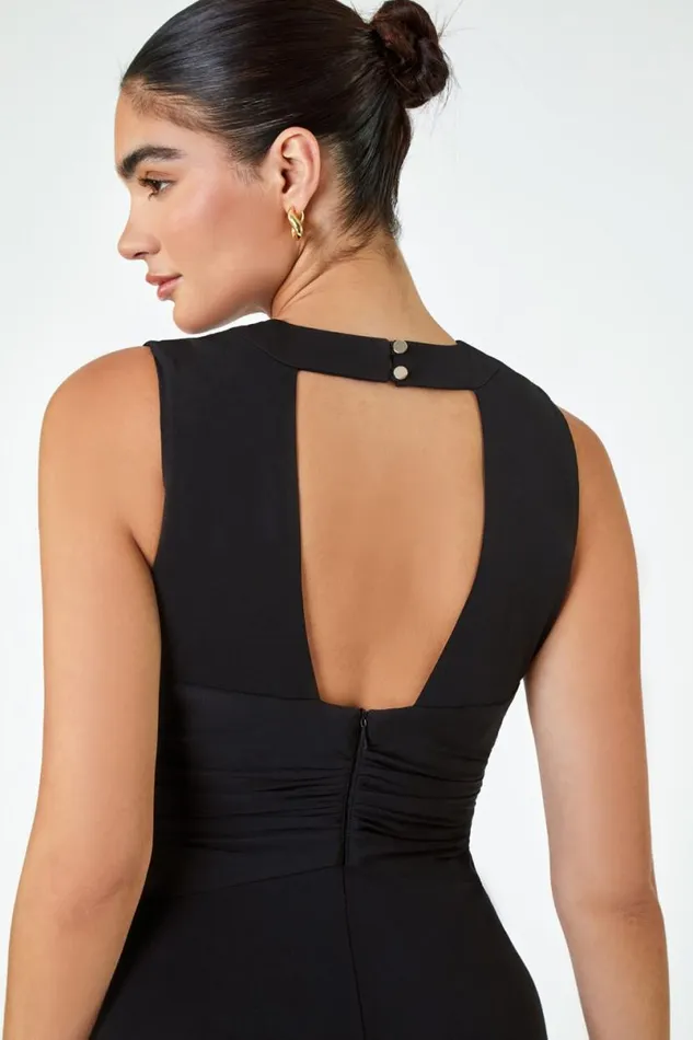 Black Buckle Detail Maxi Stretch Dress Women Roman Dresses