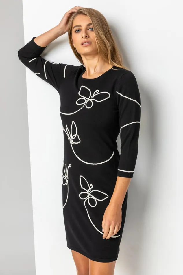Black Butterfly Embellished Knitted Dress Women Roman Dresses
