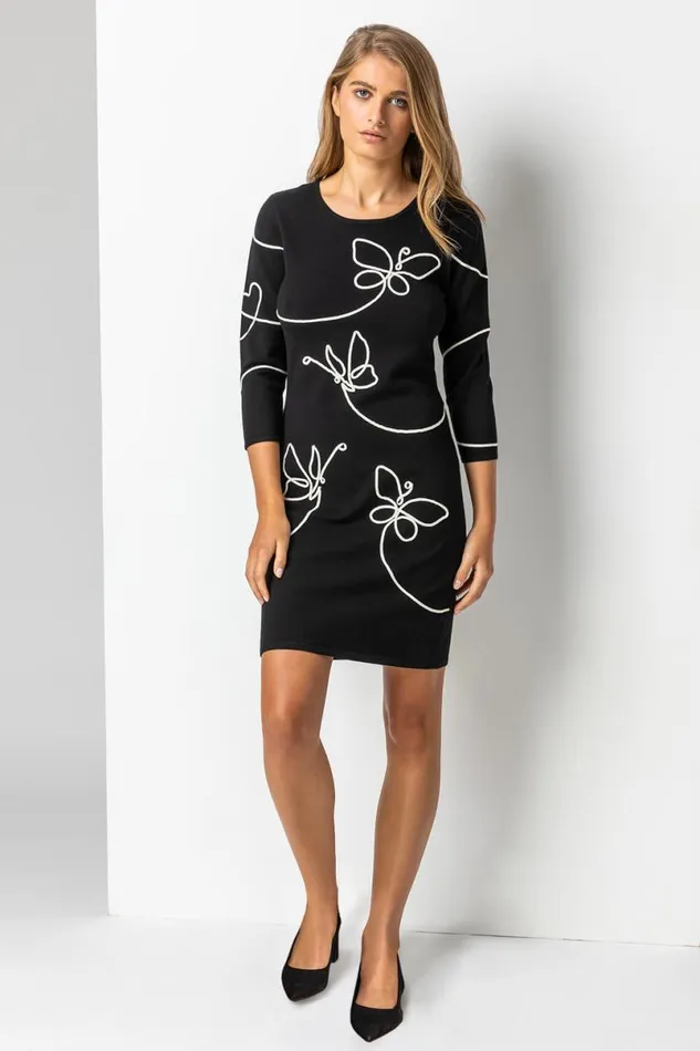 Black Butterfly Embellished Knitted Dress Women Roman Dresses
