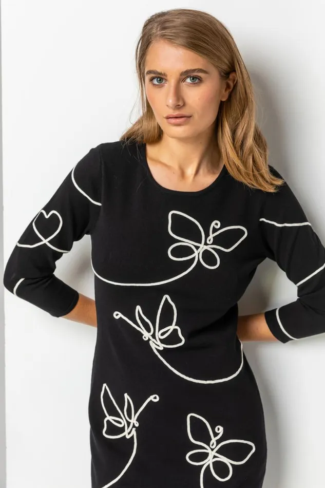 Black Butterfly Embellished Knitted Dress Women Roman Dresses