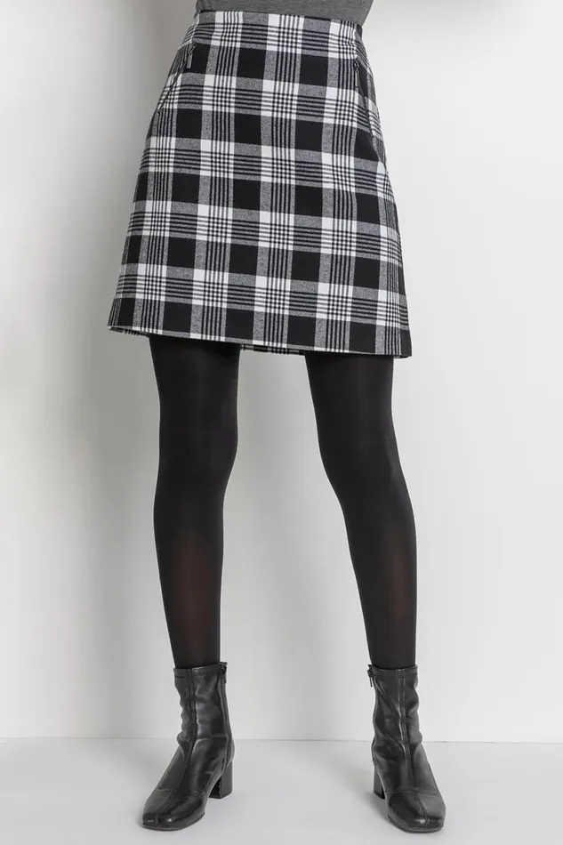 Black Check Print Zip Pocket A Line Skirt Women Roman Skirts