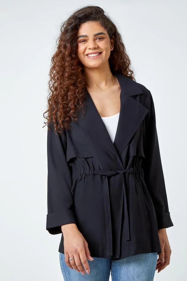 Black Collared Tie Waist Jacket Women Roman Jackets