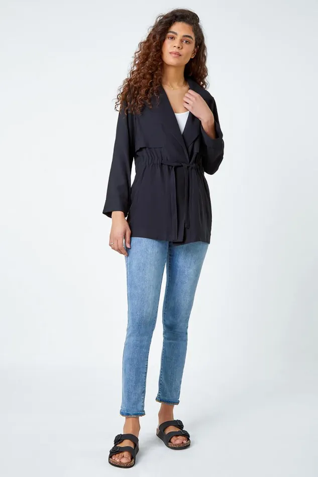 Black Collared Tie Waist Jacket Women Roman Jackets