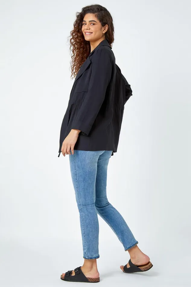 Black Collared Tie Waist Jacket Women Roman Jackets