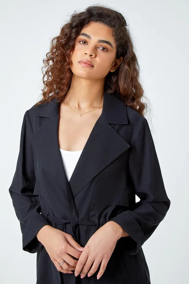 Black Collared Tie Waist Jacket Women Roman Jackets
