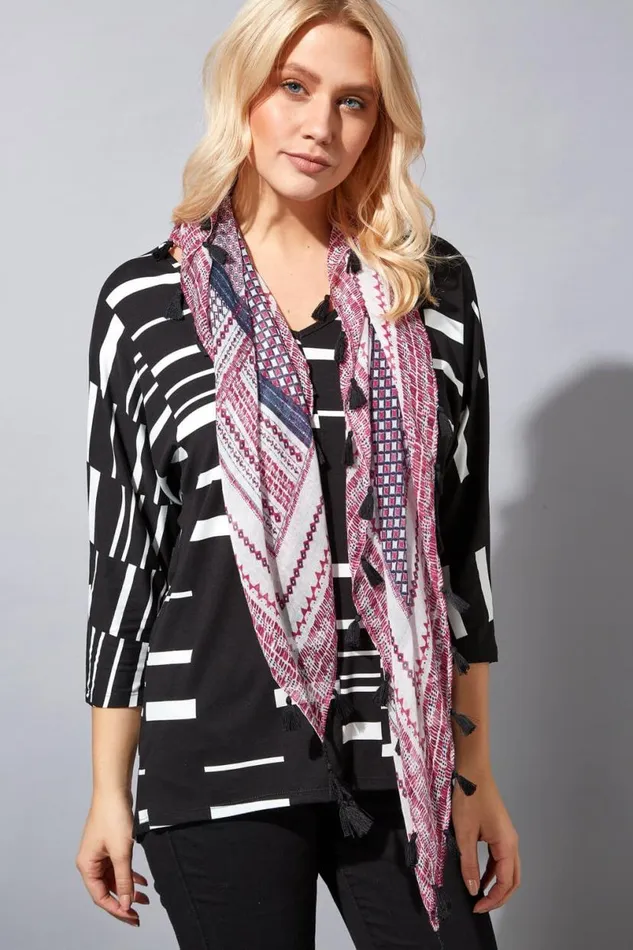 Black Colour Block Top With Scarf Women Roman Tops