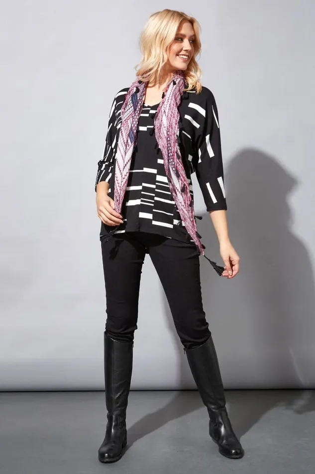 Black Colour Block Top With Scarf Women Roman Tops