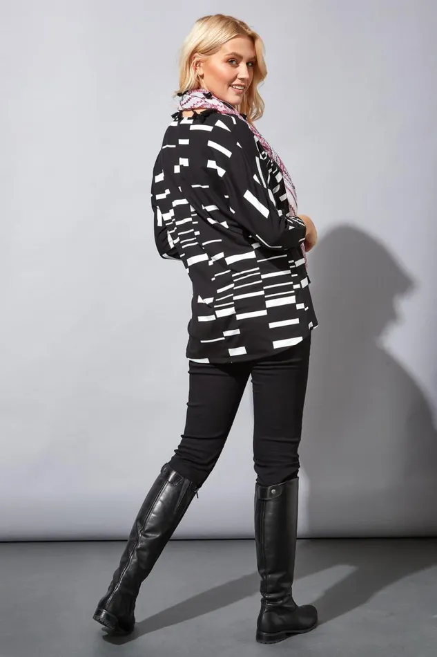 Black Colour Block Top With Scarf Women Roman Tops