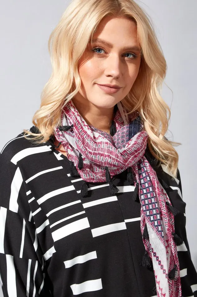 Black Colour Block Top With Scarf Women Roman Tops