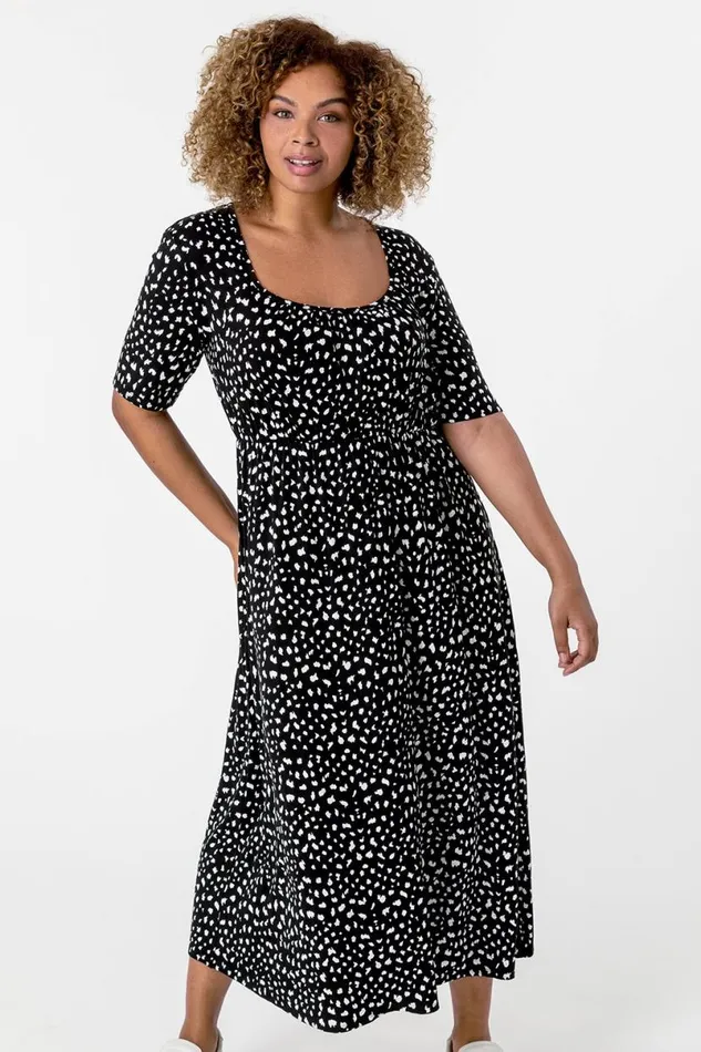 Black Curve Ditsy Spot Print Midi Dress Women Roman Dresses