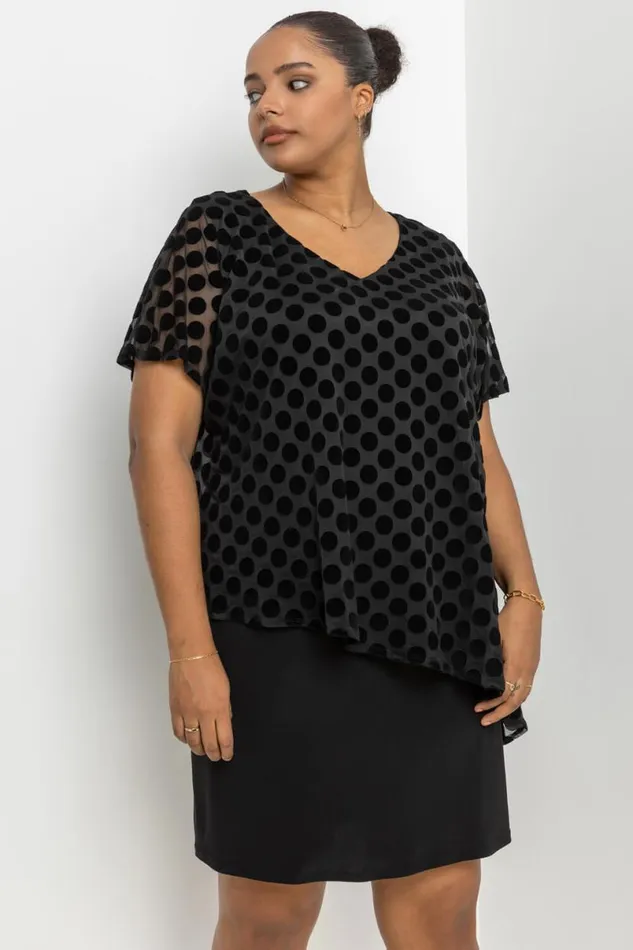 Black Curve Flock Spot Overlay Dress Women Roman Dresses