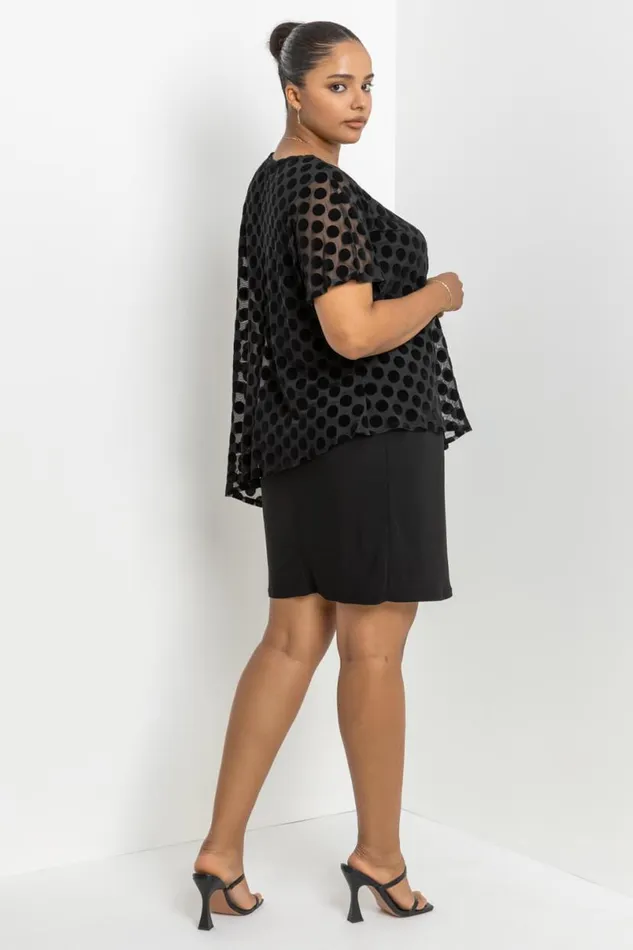 Black Curve Flock Spot Overlay Dress Women Roman Dresses