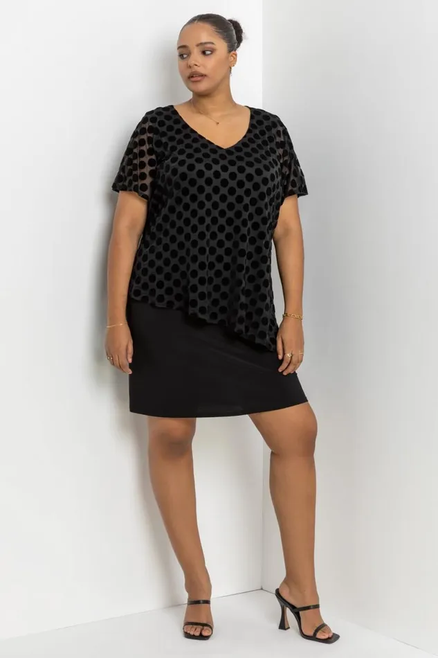 Black Curve Flock Spot Overlay Dress Women Roman Dresses