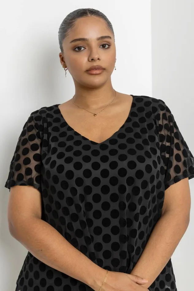 Black Curve Flock Spot Overlay Dress Women Roman Dresses