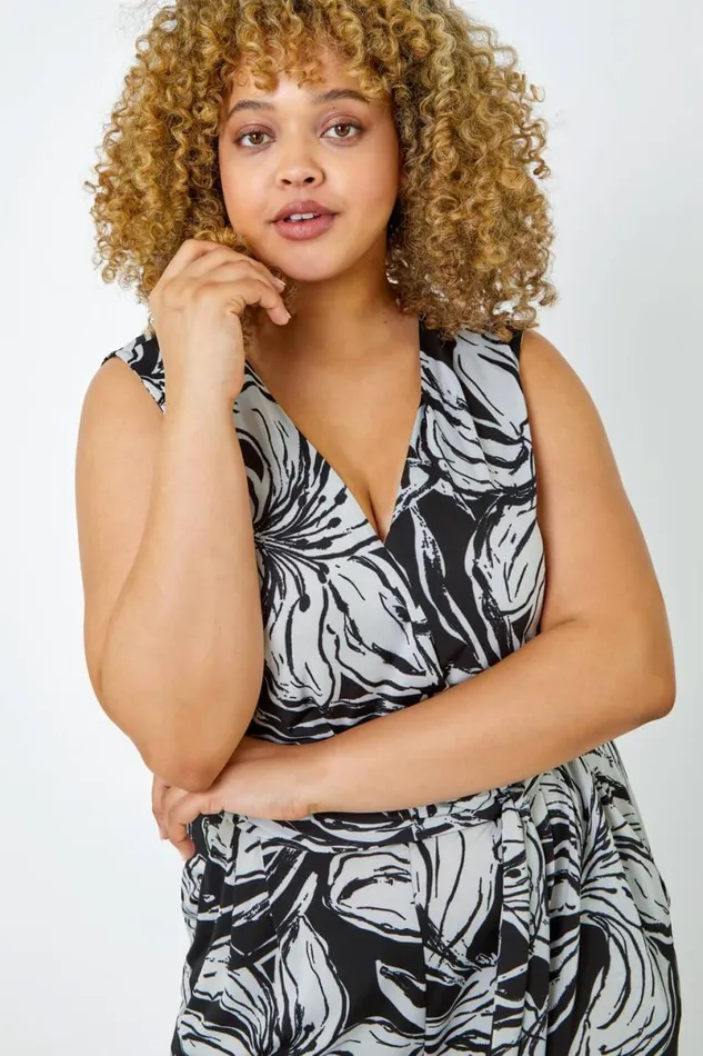 Black Curve Floral Wrap Cropped Culotte Jumpsuit Women Roman Dresses