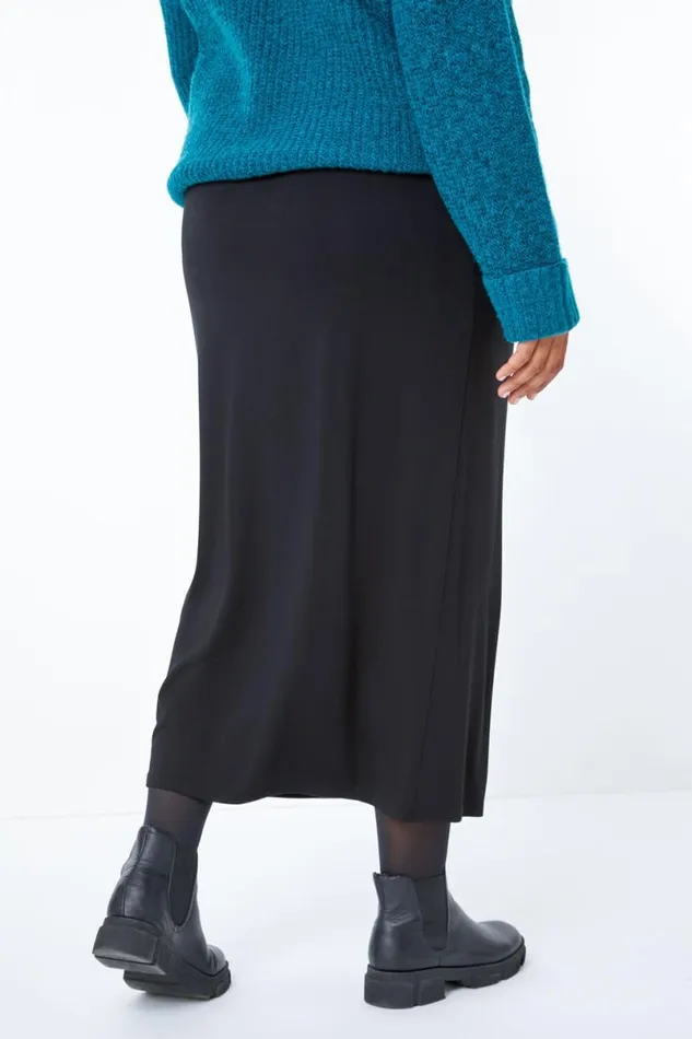 Black Curve Midi Elastic Waist Stretch Skirt Women Roman Skirts