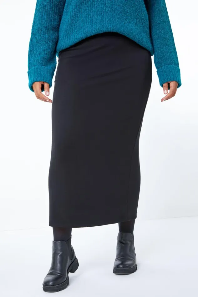 Black Curve Midi Elastic Waist Stretch Skirt Women Roman Skirts