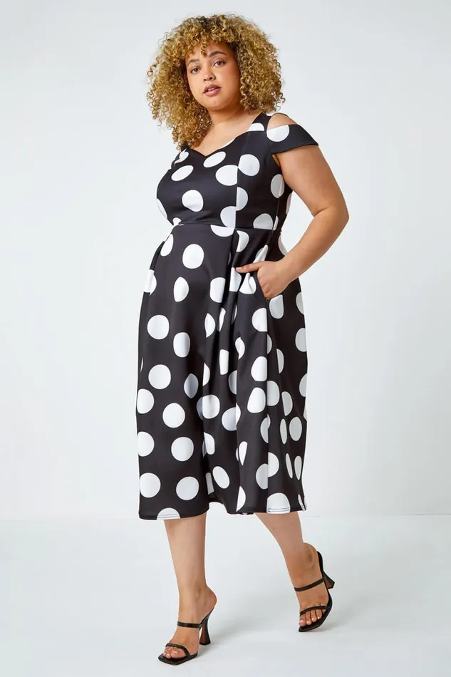 Black Curve Premium Stretch Polka Dot Dress Women Roman Dresses