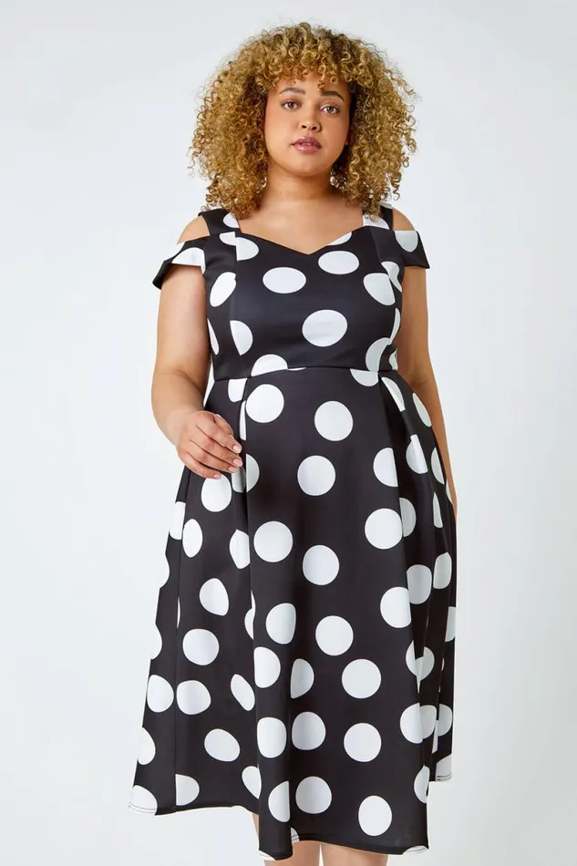 Black Curve Premium Stretch Polka Dot Dress Women Roman Dresses