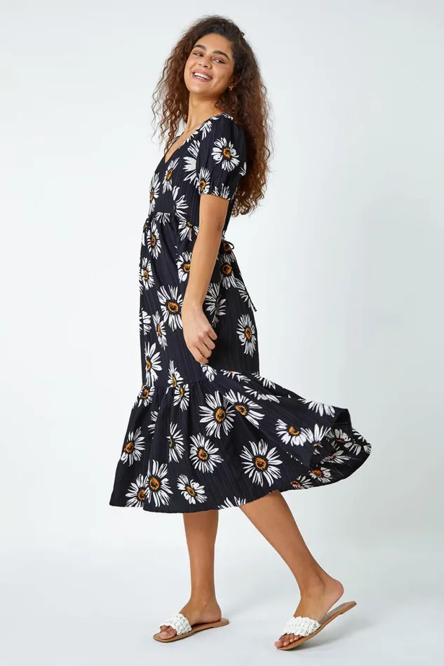 Black Daisy Frill Hem Midi Dress Women Roman Dresses