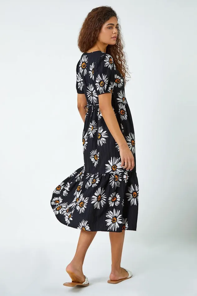 Black Daisy Frill Hem Midi Dress Women Roman Dresses