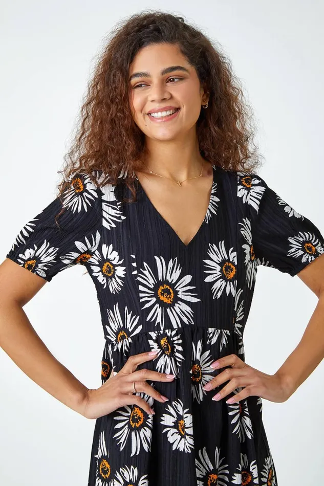 Black Daisy Frill Hem Midi Dress Women Roman Dresses