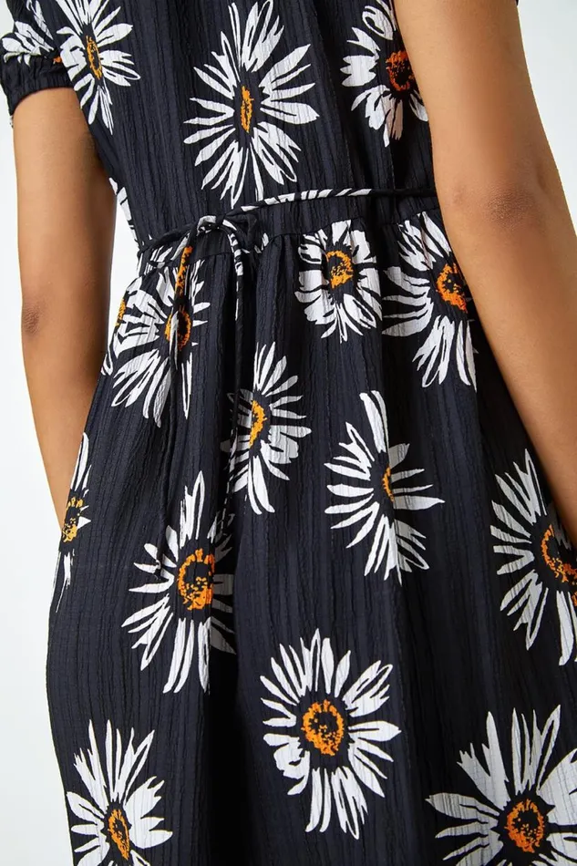 Black Daisy Frill Hem Midi Dress Women Roman Dresses