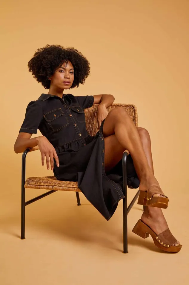 Black Denim Midi Shirt Dress Women Roman Dresses