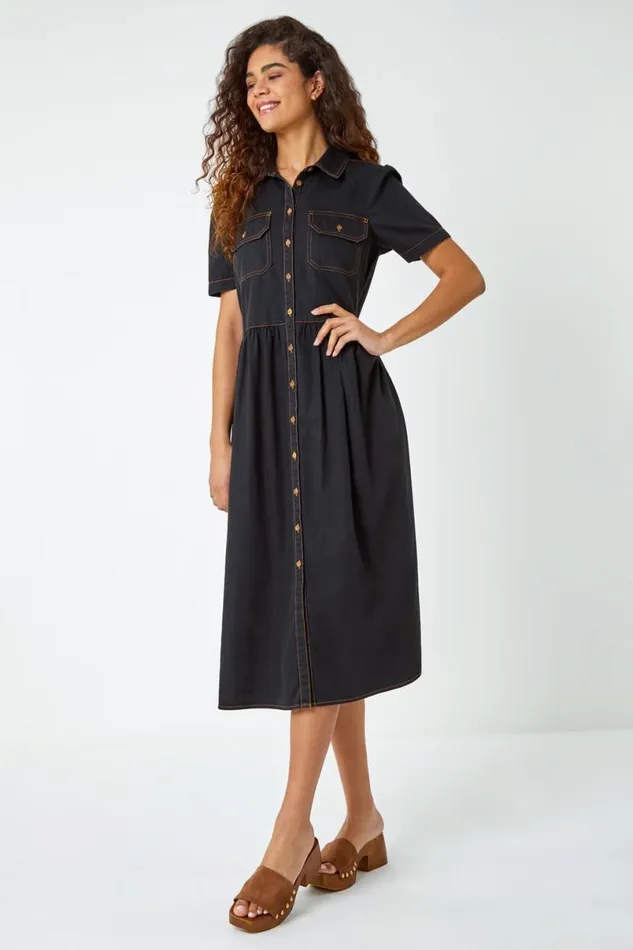 Black Denim Midi Shirt Dress Women Roman Dresses