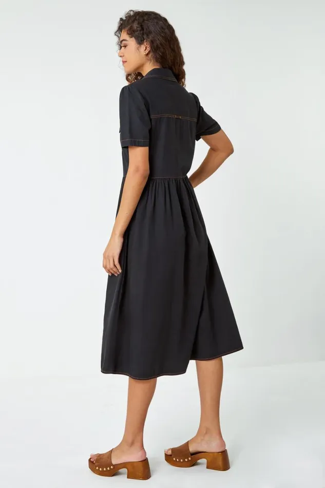 Black Denim Midi Shirt Dress Women Roman Dresses
