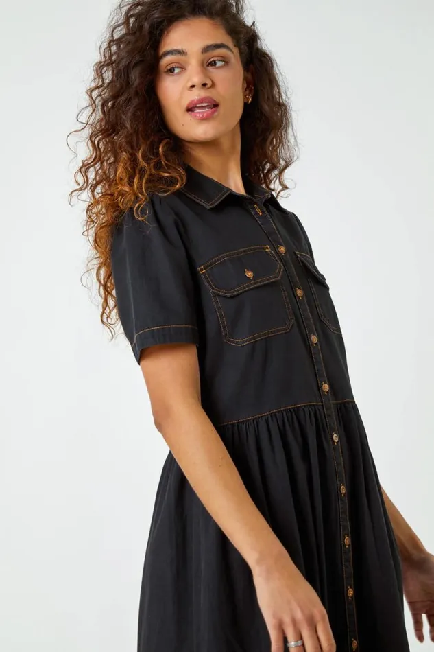 Black Denim Midi Shirt Dress Women Roman Dresses