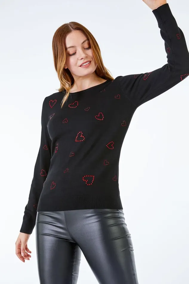 Black Embellished Heart Jumper Women Roman Tops