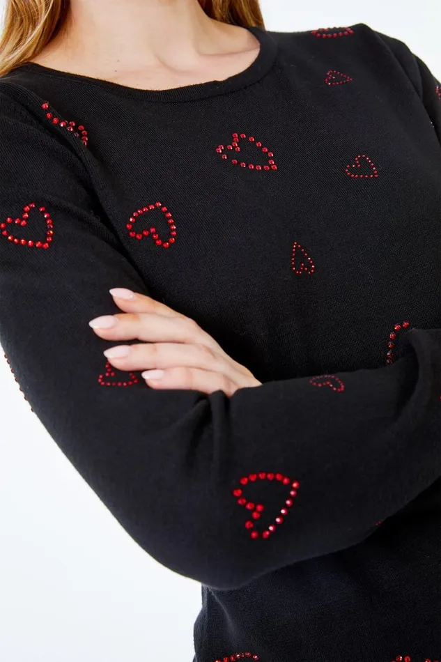 Black Embellished Heart Jumper Women Roman Tops