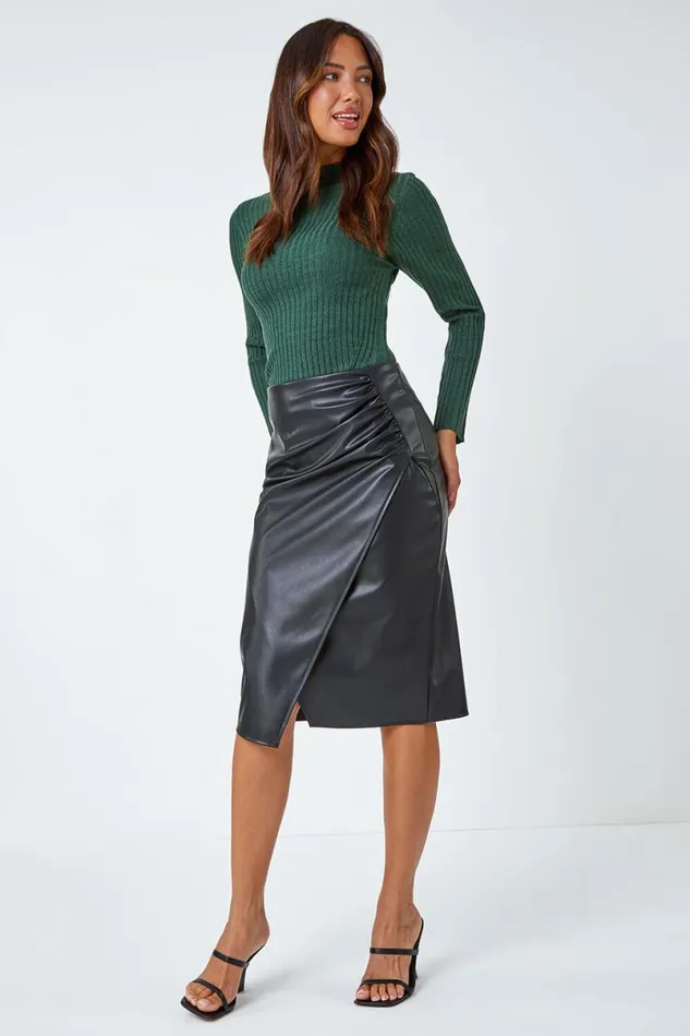 Black Faux Leather Ruched Wrap Skirt Women Roman Skirts