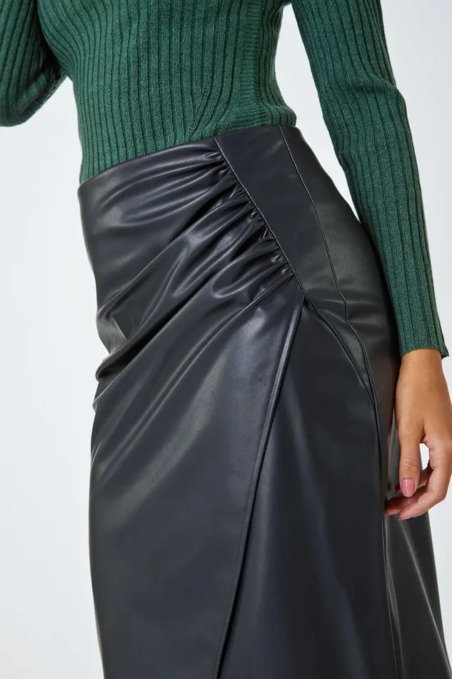 Black Faux Leather Ruched Wrap Skirt Women Roman Skirts
