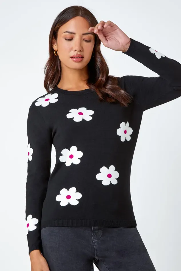 Black Floral Jacquard Stretch Knit Jumper Women Roman Knitwear