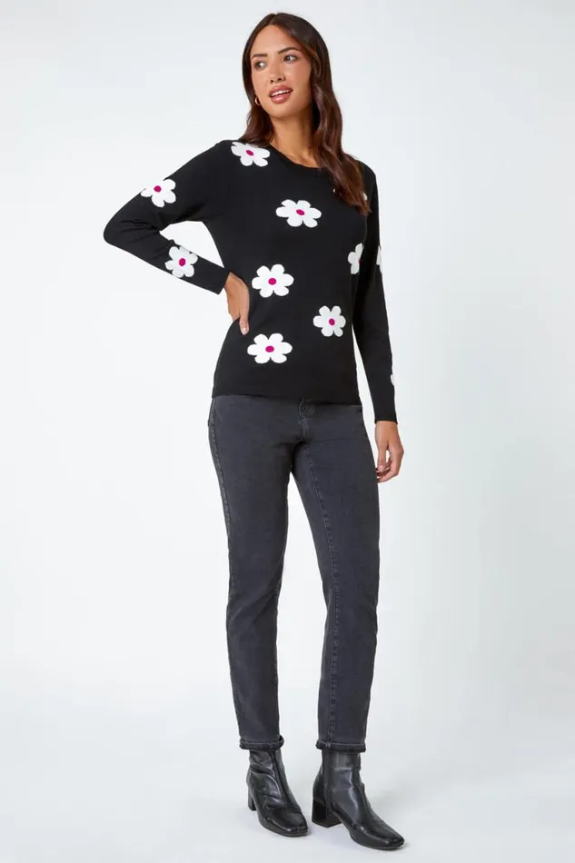 Black Floral Jacquard Stretch Knit Jumper Women Roman Knitwear