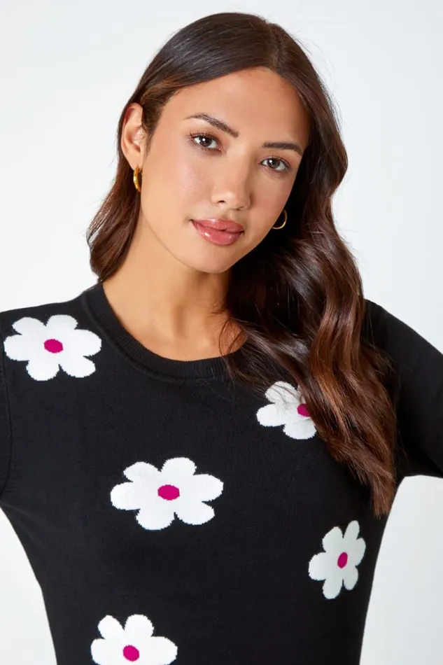 Black Floral Jacquard Stretch Knit Jumper Women Roman Knitwear