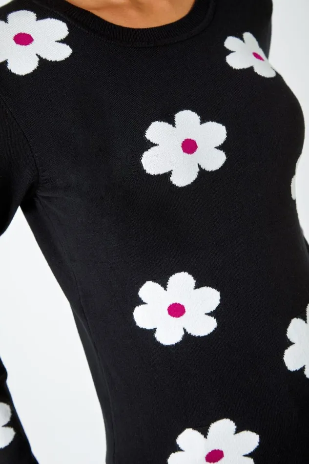 Black Floral Jacquard Stretch Knit Jumper Women Roman Knitwear
