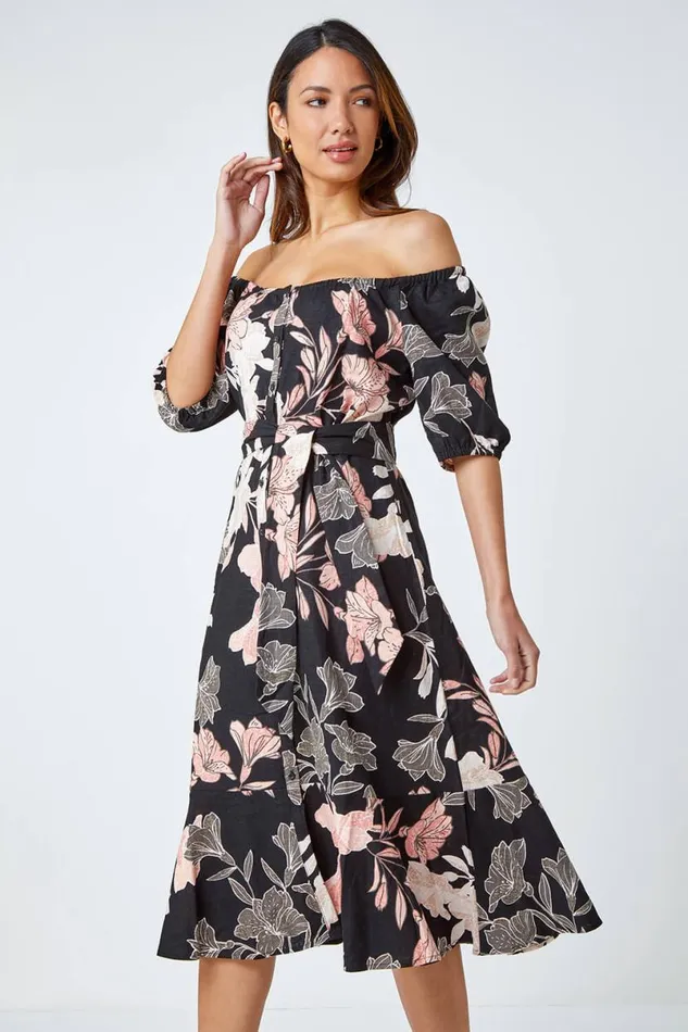 Black Floral Linen Blend Bardot Midi Dress Women Roman Dresses