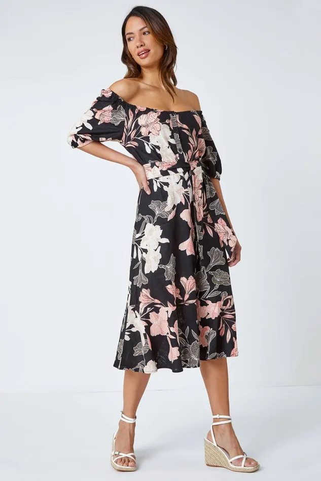 Black Floral Linen Blend Bardot Midi Dress Women Roman Dresses