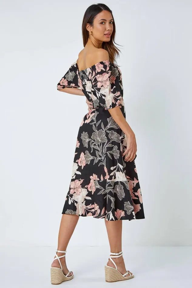 Black Floral Linen Blend Bardot Midi Dress Women Roman Dresses