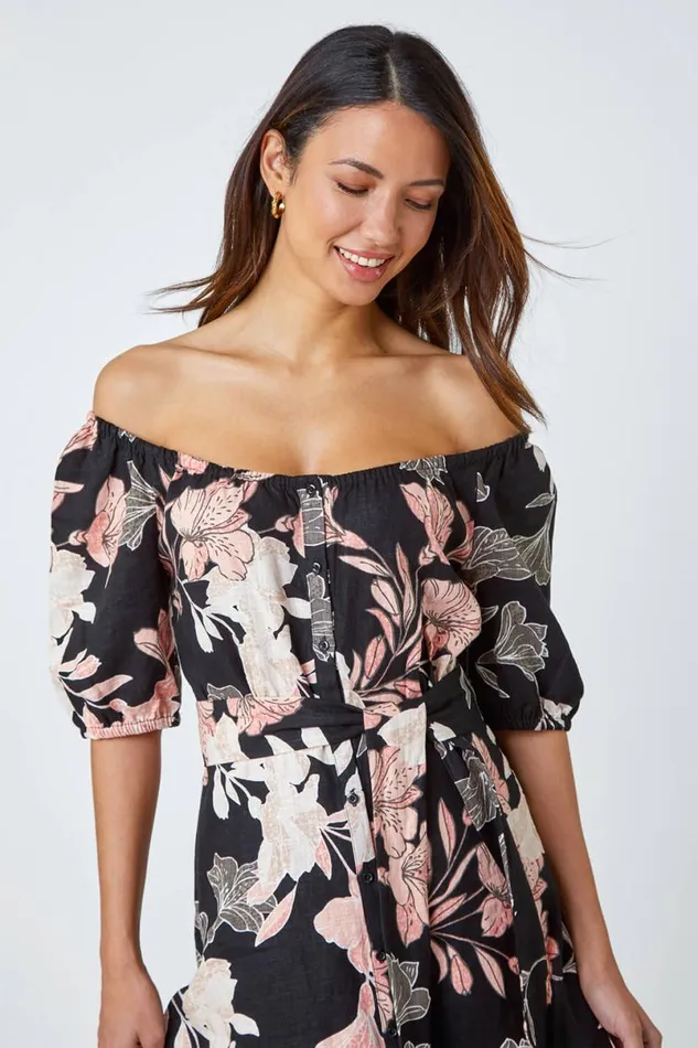Black Floral Linen Blend Bardot Midi Dress Women Roman Dresses