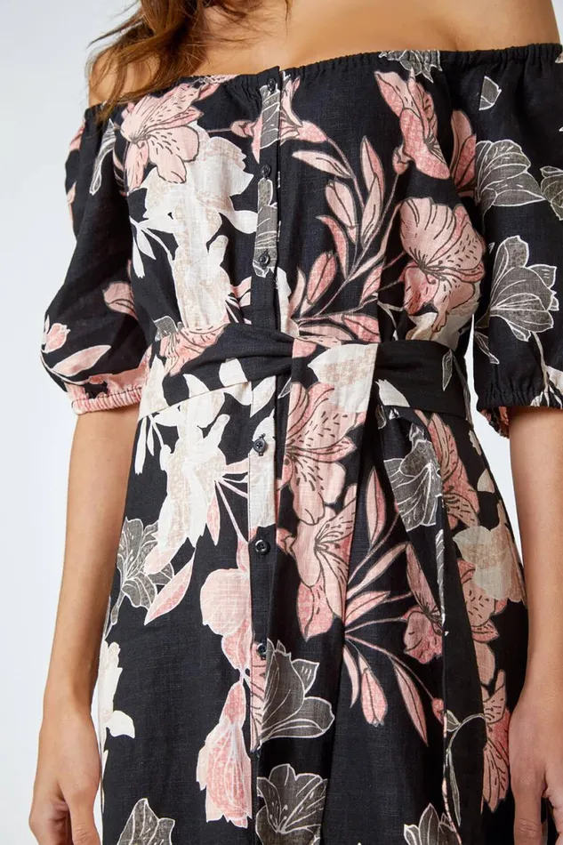 Black Floral Linen Blend Bardot Midi Dress Women Roman Dresses