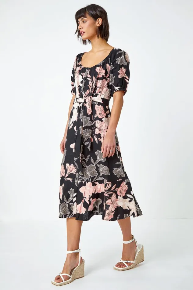 Black Floral Linen Blend Bardot Midi Dress Women Roman Dresses